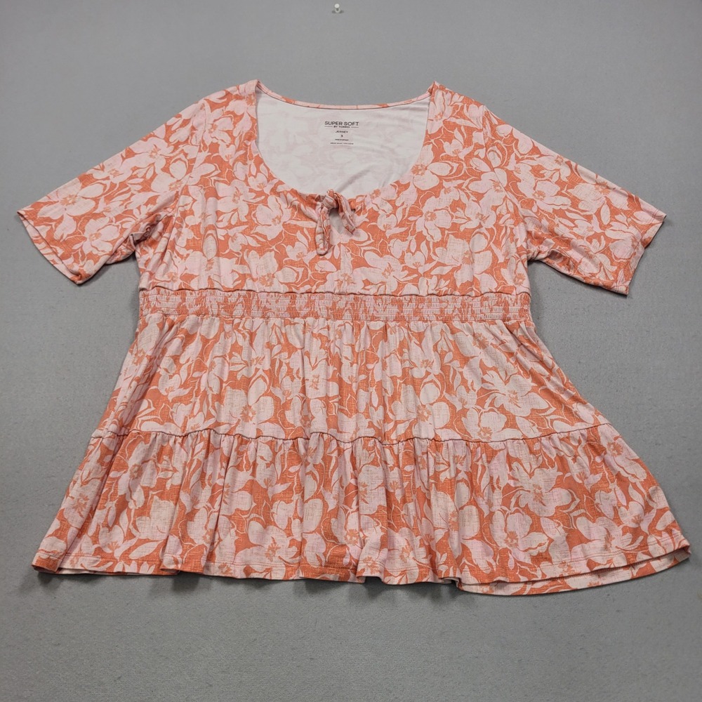 Torrid Super Soft Jersey Floral Babydoll Top Orange Pink Size 3 Short Sleeve 3XL